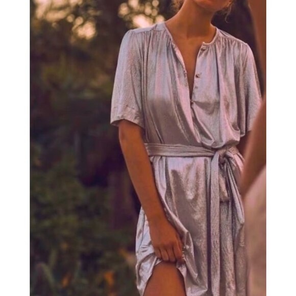 Sabina Musayev Gold Metallic Shimmer Foil O/S Belted Button-up Dress, M, NWOT - Picture 3 of 12